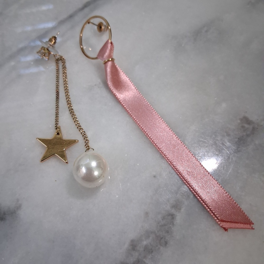 Star Pearl Rhinestone Pink Ribbon Chain Dangle Boho Earrings - Picture 6 of 7